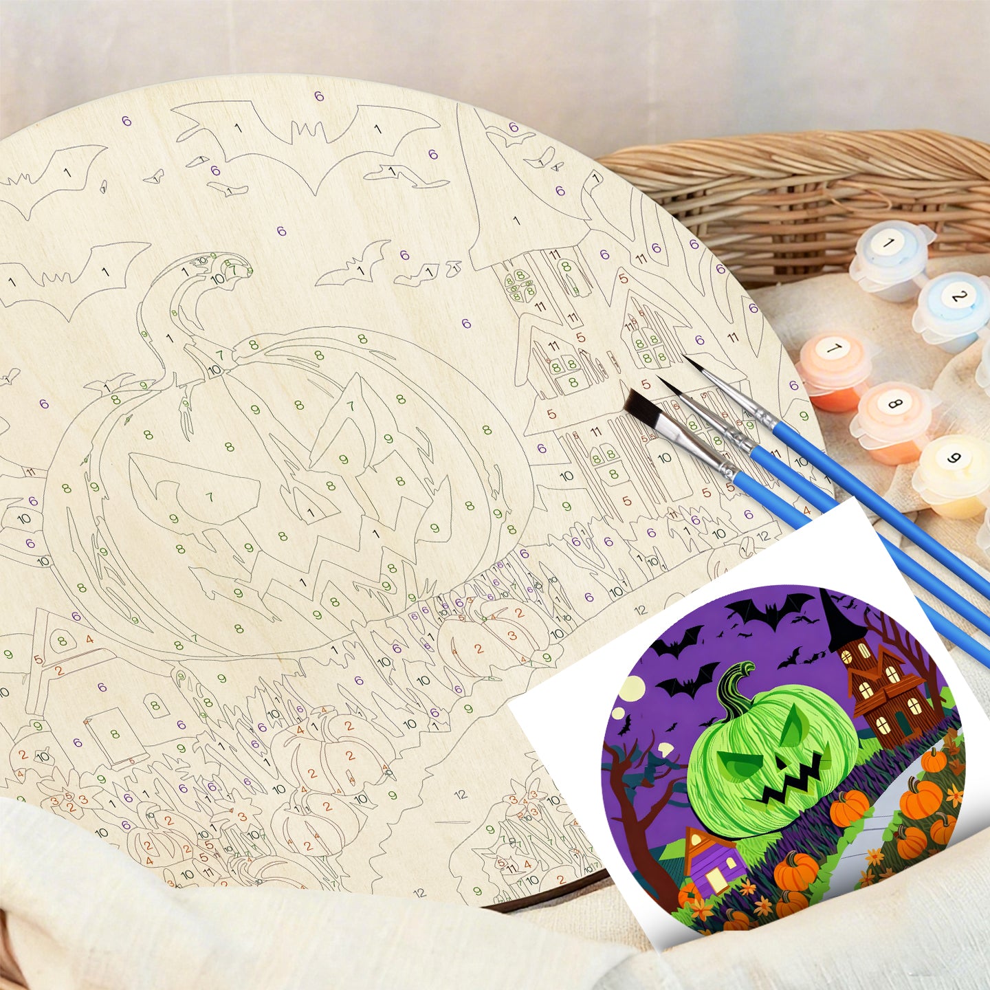 Green Pumpkin Man DIY. Paint by numbers on Wood Slice 20cm.