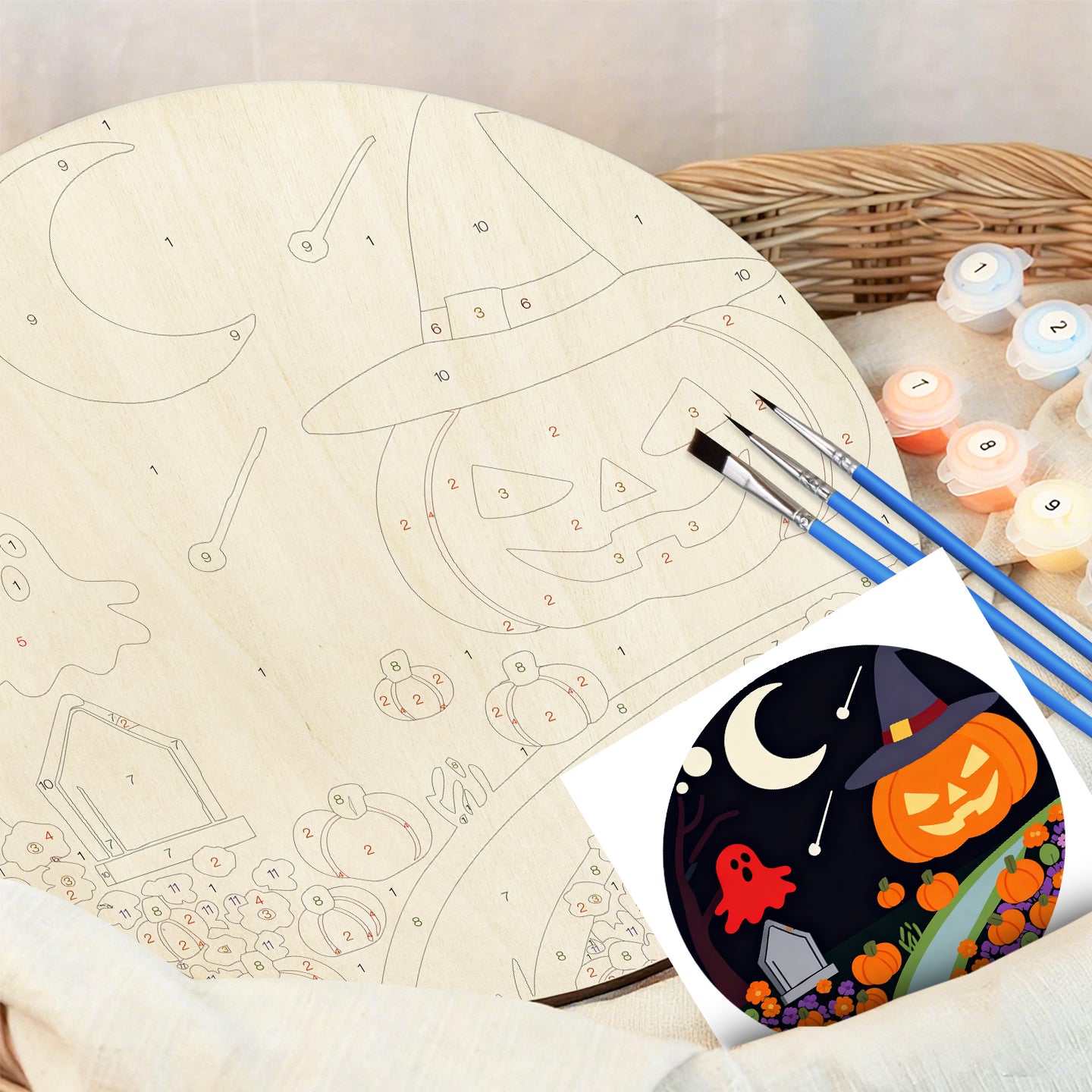 Halloween DIY. Paint by numbers on Wood Slice. 20cm.