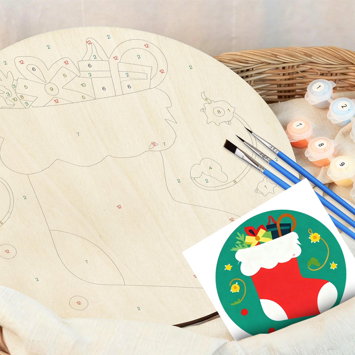 Santa's Boots DIY. Paint by numbers on Wood Slice. 20cm.