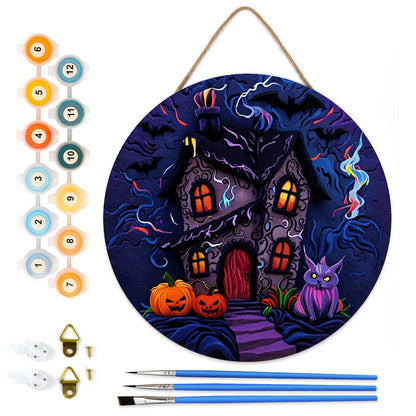 Halloween Castle DIY. Paint by numbers on Wood Slice.20cm.