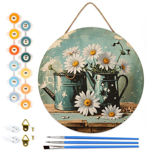 Daisies in a teapotDIY.Paint by numbers on Wood Slice.20cm