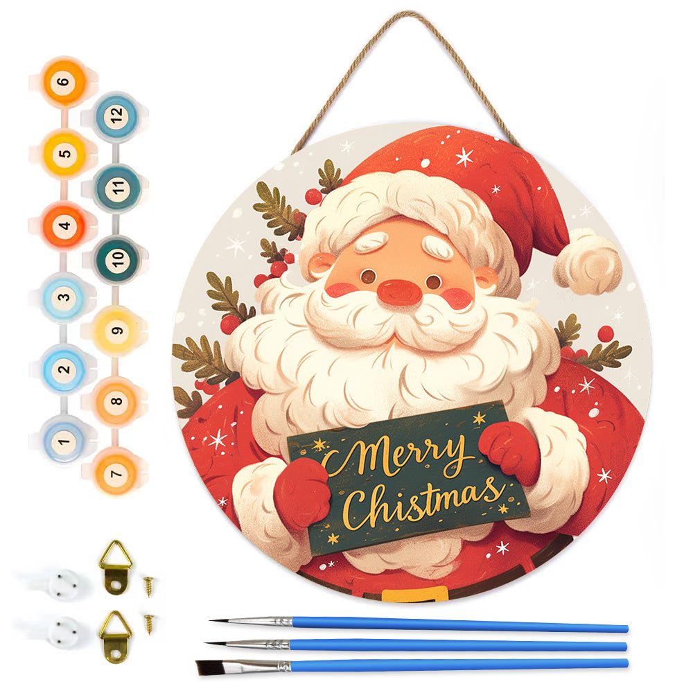 Red Santa Claus DIY. Paint by numbers on Wood Slice. 20cm.