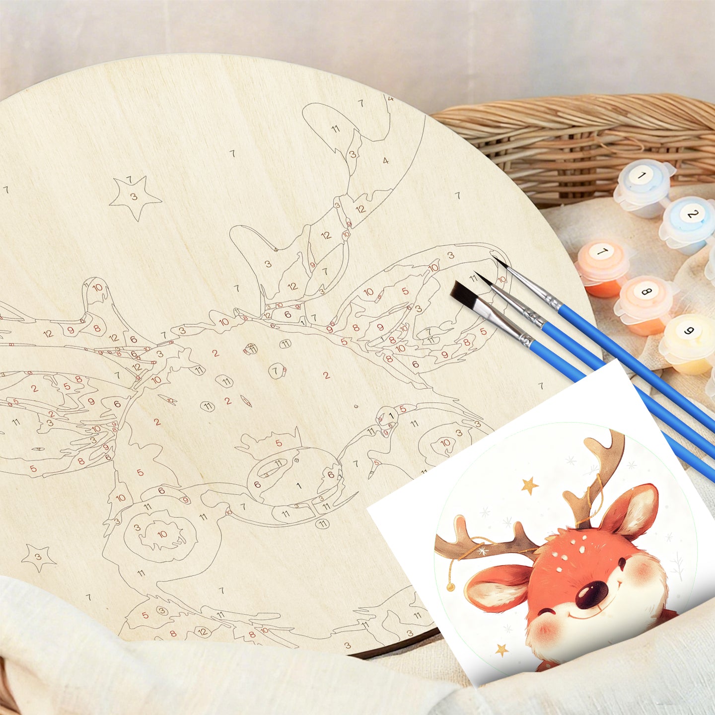Cute Christmas Reindeer DIY. Paint by numbers on Wood Slice. 20cm.