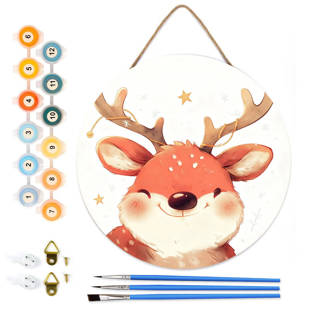 Cute Christmas Reindeer DIY. Paint by numbers on Wood Slice. 20cm.