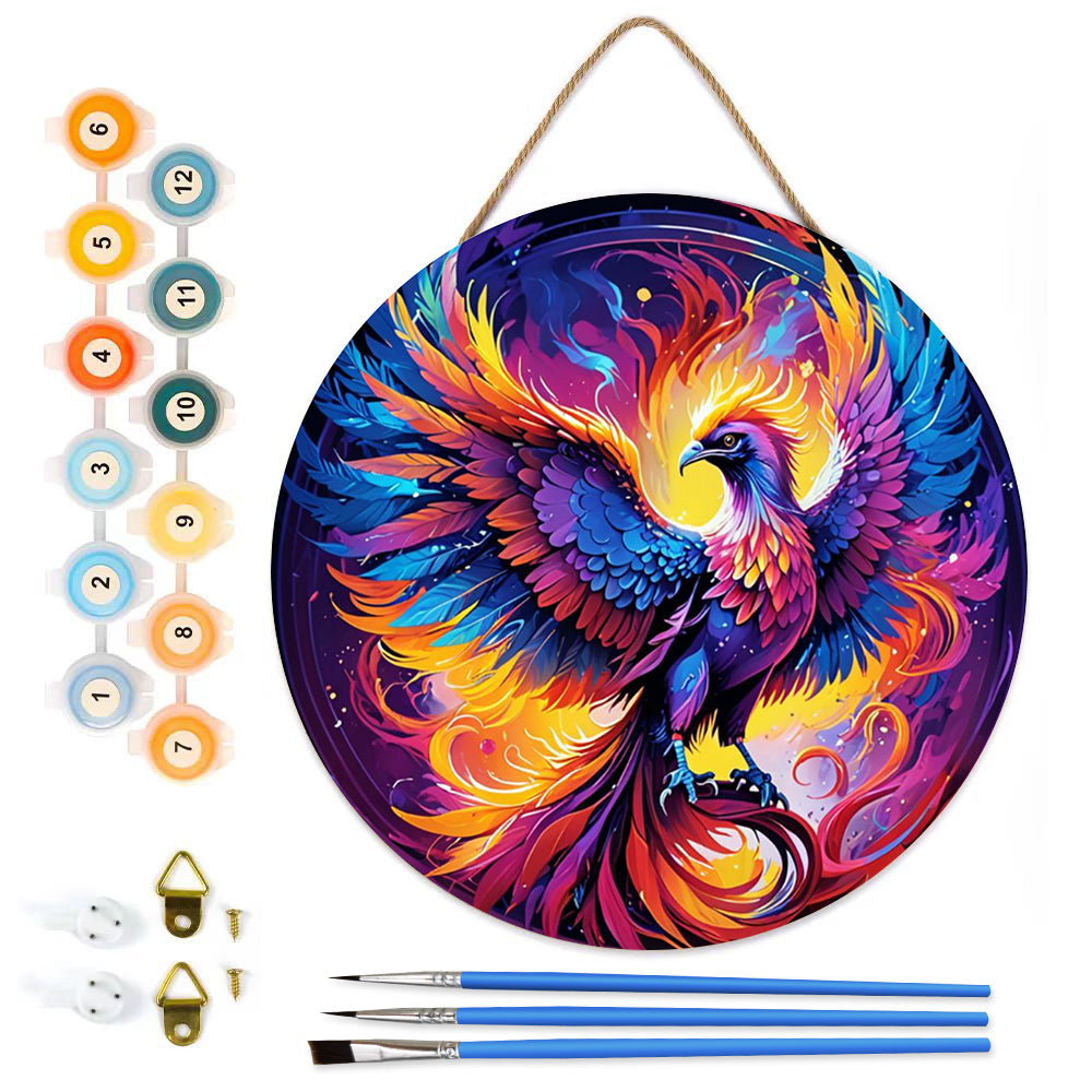 Colorful Phoenix DIY. Paint by numbers on Wood Slice. 20cm