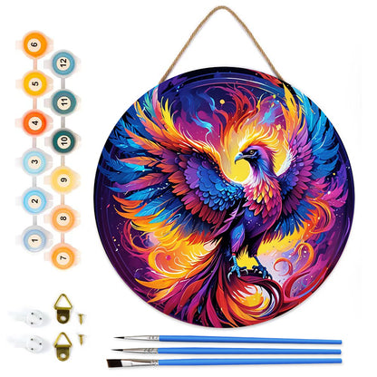 Colorful Phoenix DIY. Paint by numbers on Wood Slice. 20cm