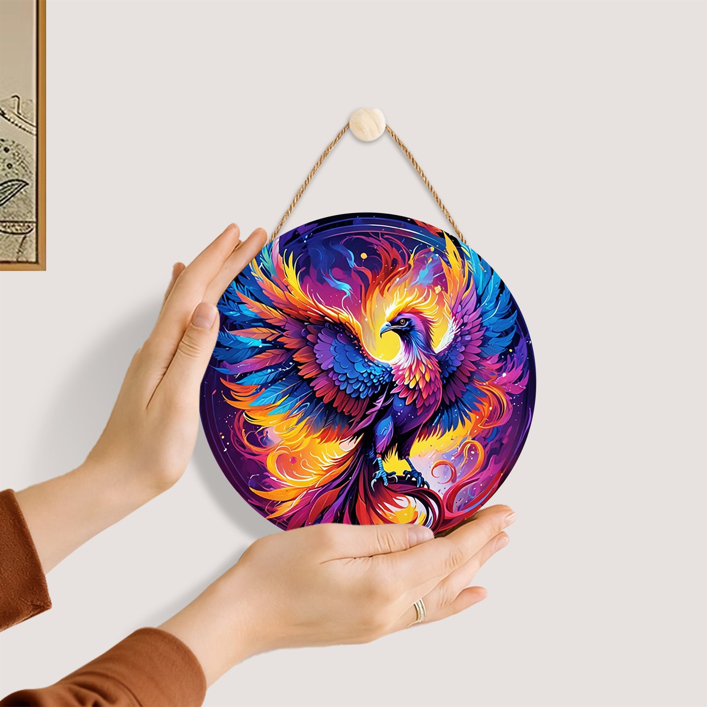 Colorful Phoenix DIY. Paint by numbers on Wood Slice. 20cm