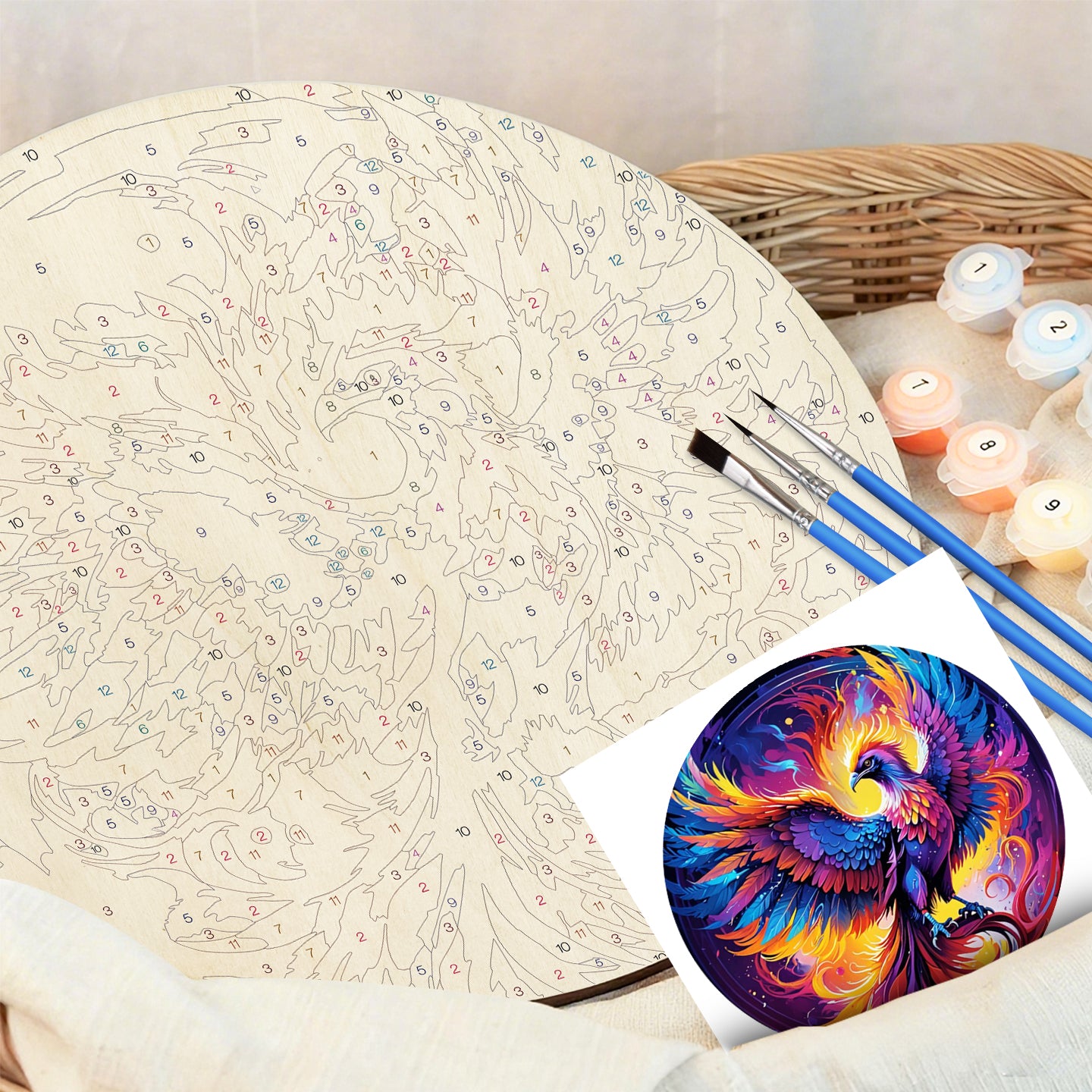 Colorful Phoenix DIY. Paint by numbers on Wood Slice. 20cm