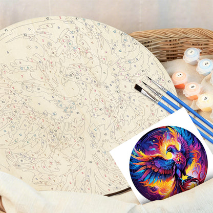 Colorful Phoenix DIY. Paint by numbers on Wood Slice. 20cm