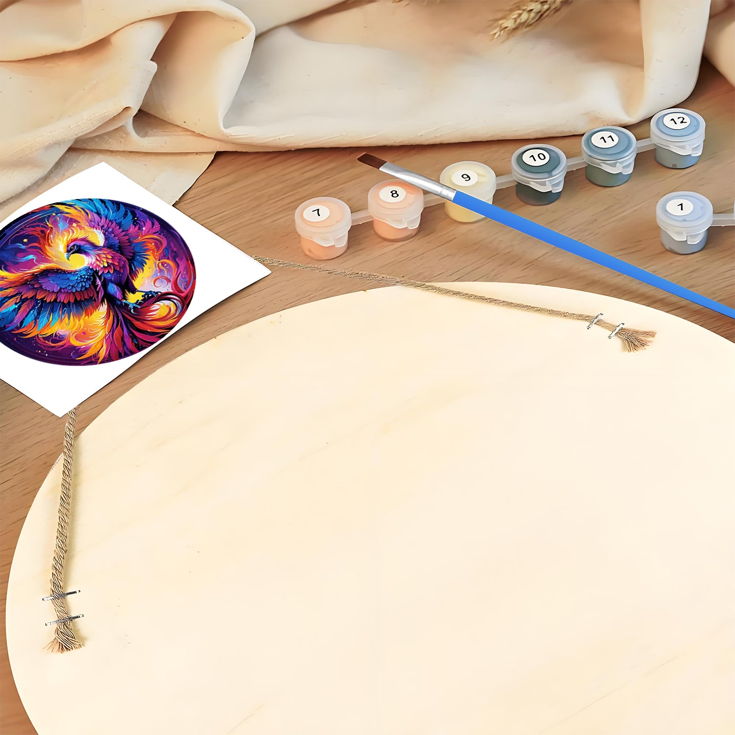 Colorful Phoenix DIY. Paint by numbers on Wood Slice. 20cm