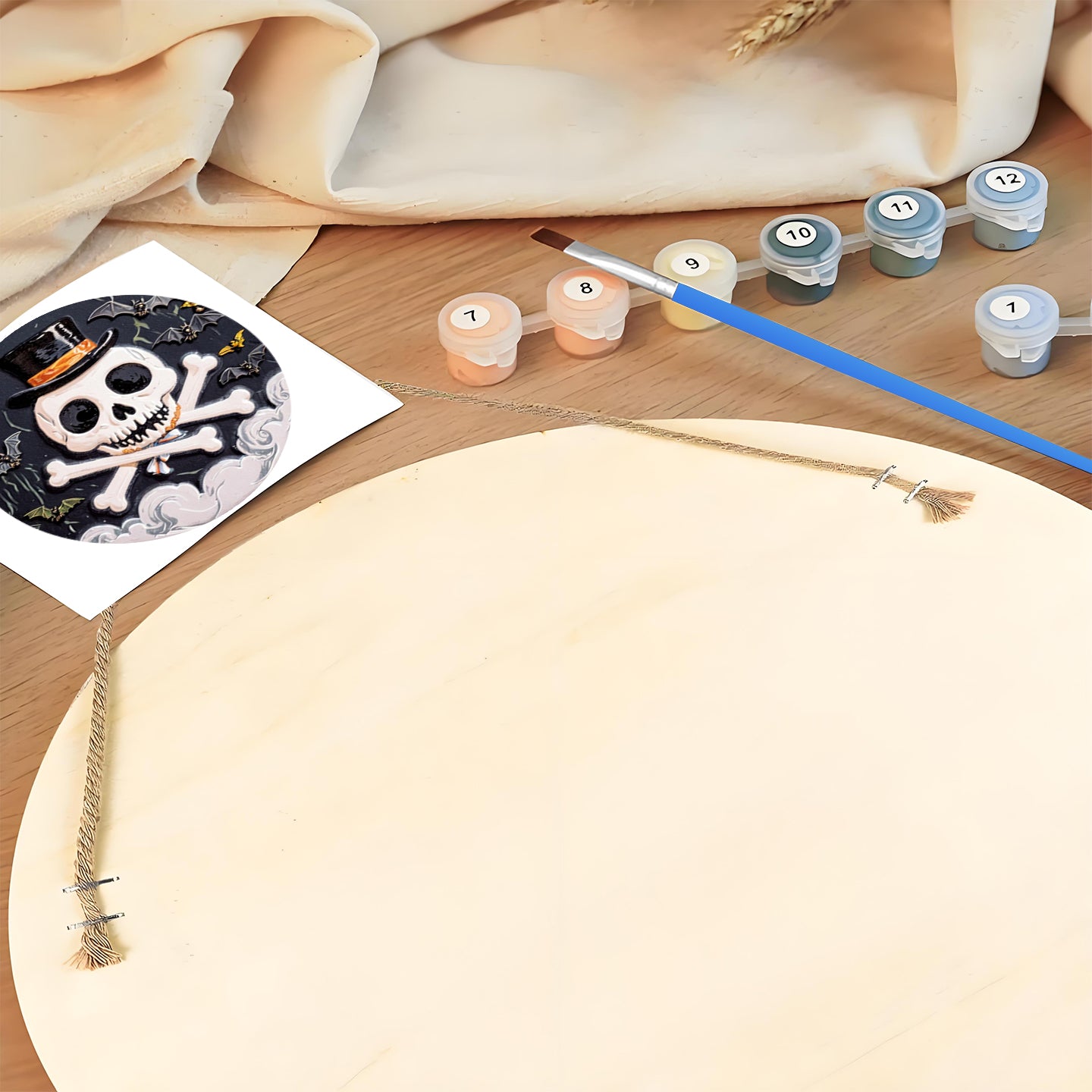 Halloween skulls DIY. Paint by numbers on Wood Slice. 20cm.