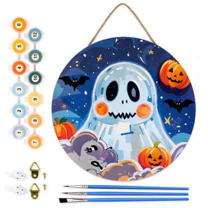 Cute Ghost HalloweenDIY. Paint by numbers on Wood Slice 20cm
