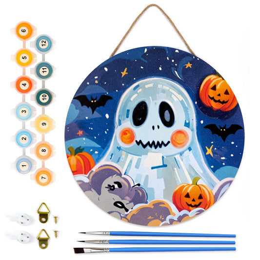 Cute Ghost HalloweenDIY. Paint by numbers on Wood Slice 20cm