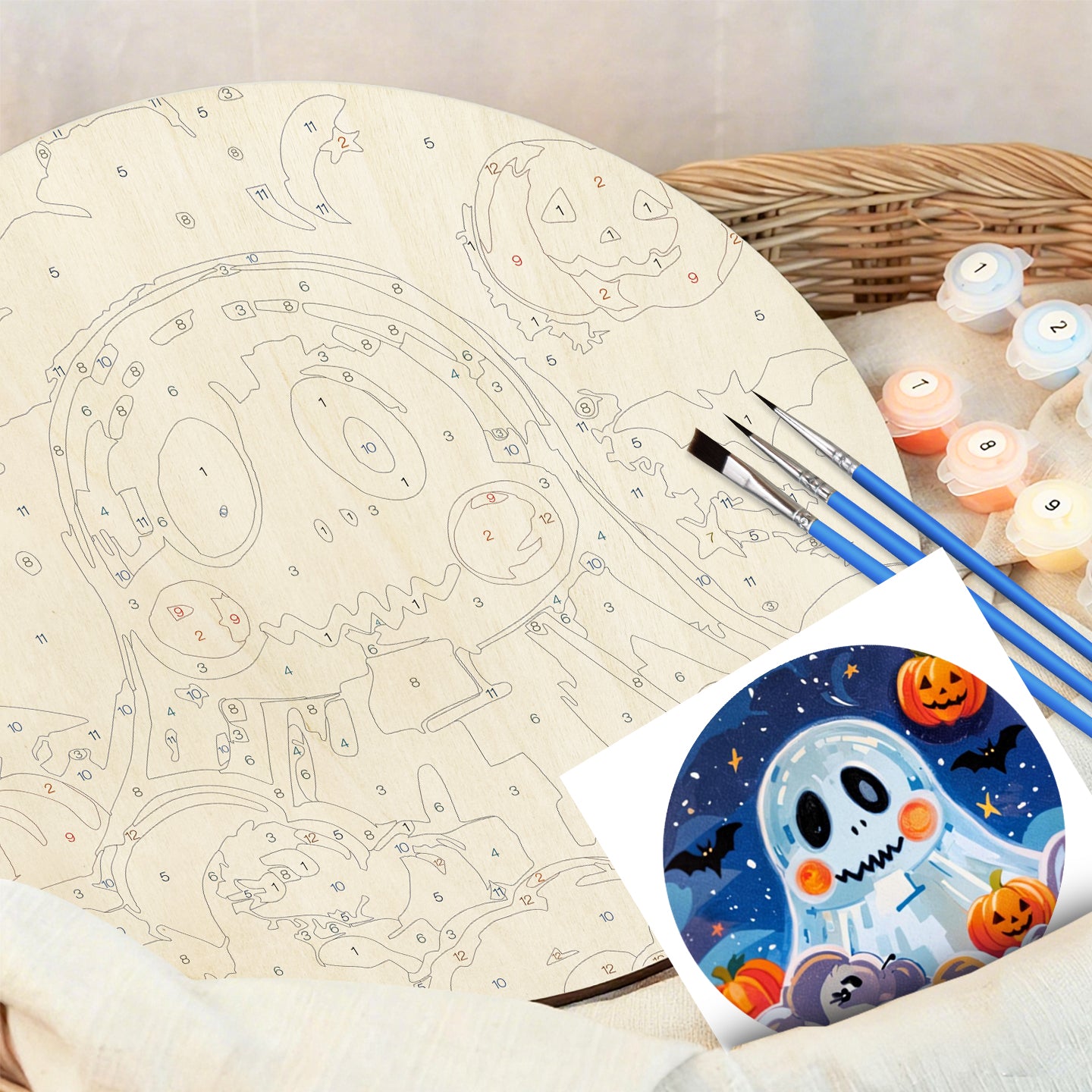 Cute Ghost HalloweenDIY. Paint by numbers on Wood Slice 20cm