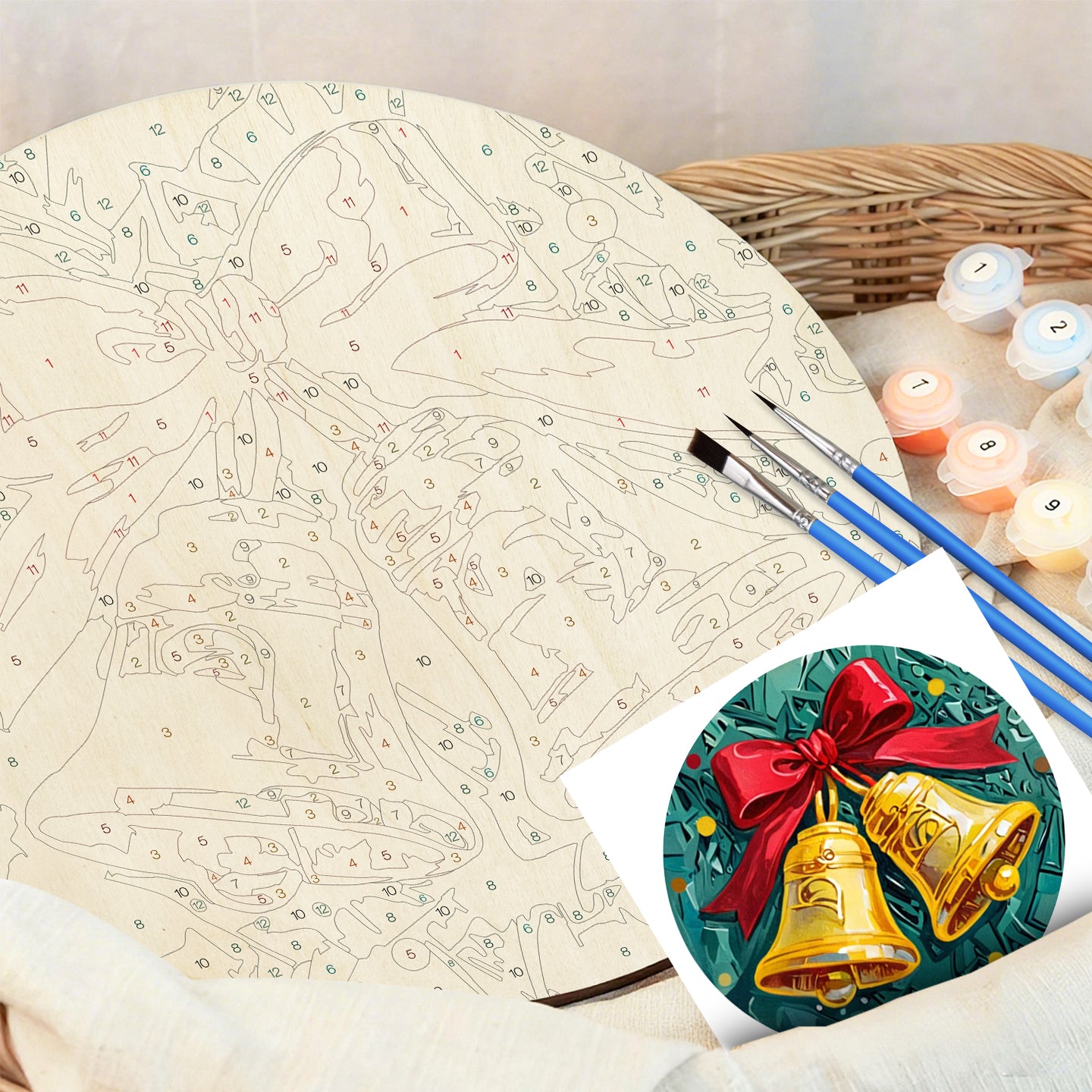 Christmas Bells DIY.Paint by numbers on Wood Slice.20cm.