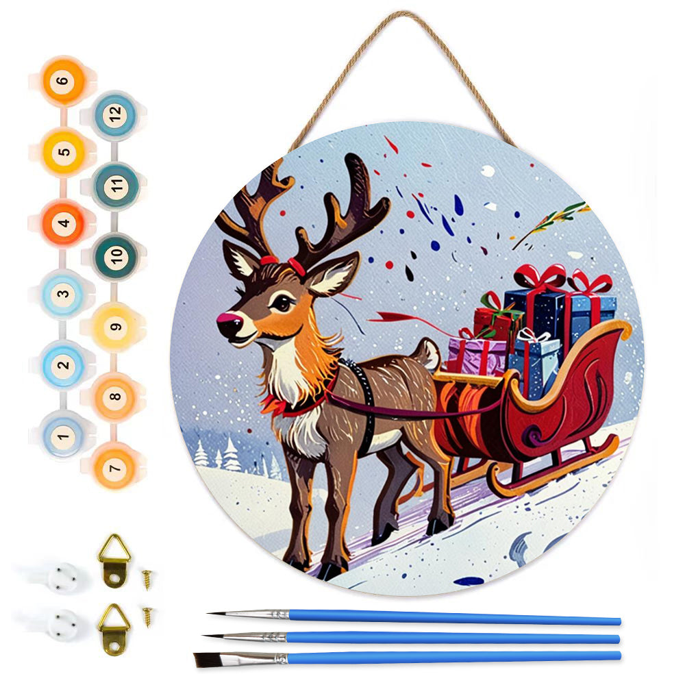 Reindeer sleigh, Christmas gift DIY. Paint by numbers on Wood Slice. 20cm.