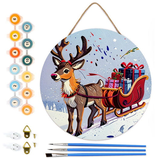 Reindeer sleigh, Christmas gift DIY. Paint by numbers on Wood Slice. 20cm.