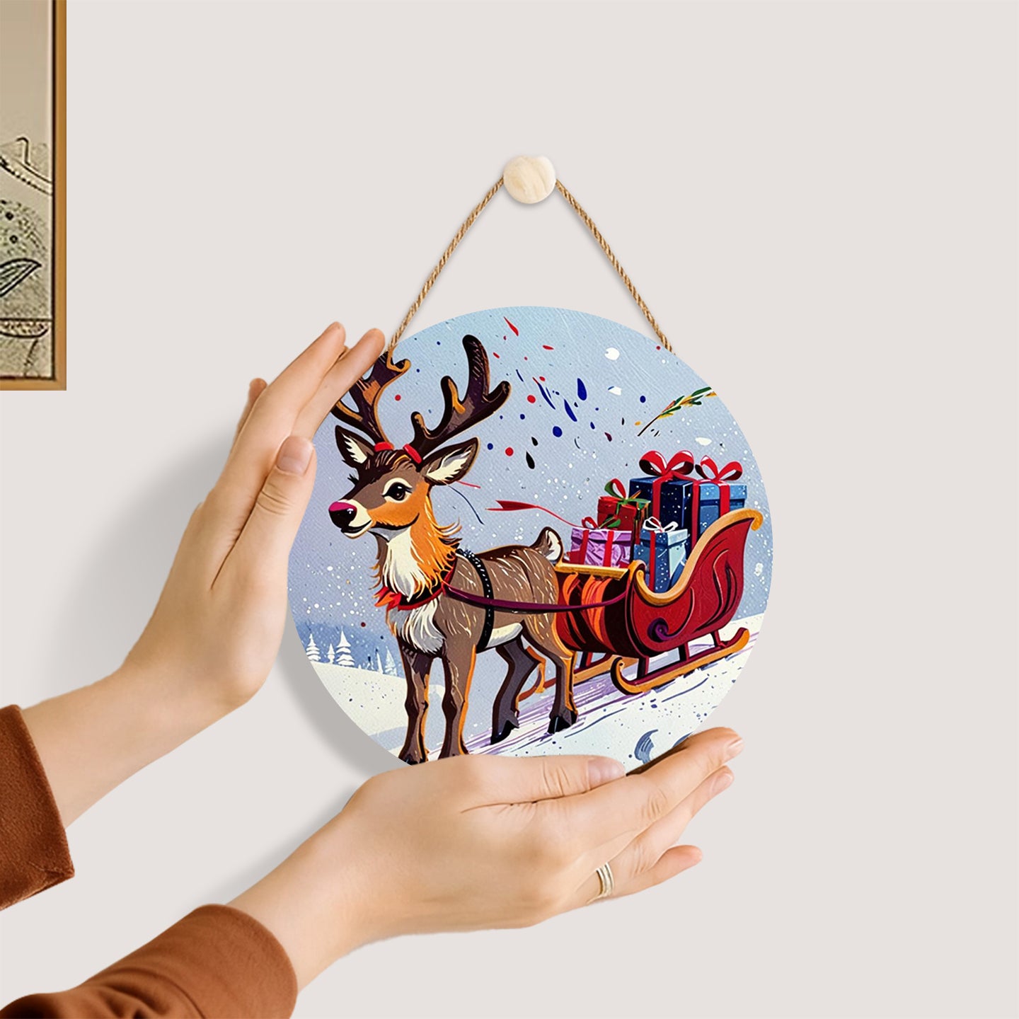 Reindeer sleigh, Christmas gift DIY. Paint by numbers on Wood Slice. 20cm.