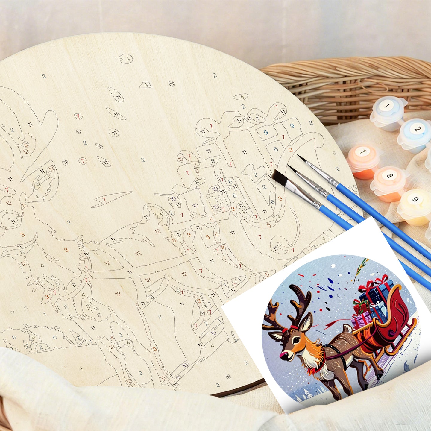 Reindeer sleigh, Christmas gift DIY. Paint by numbers on Wood Slice. 20cm.