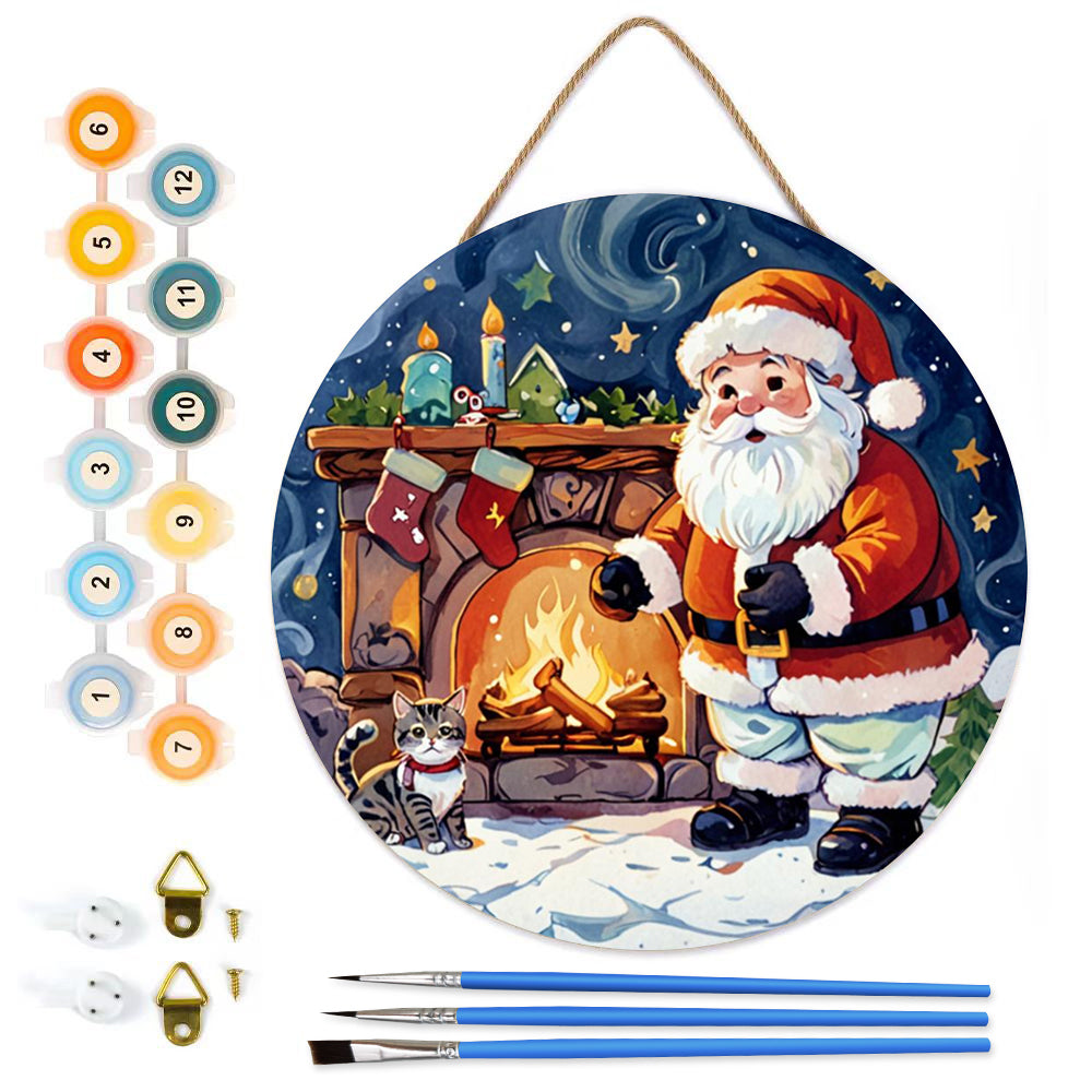 Santa in Snow DIY Paint by numbers on Wood Slice. 20cm.