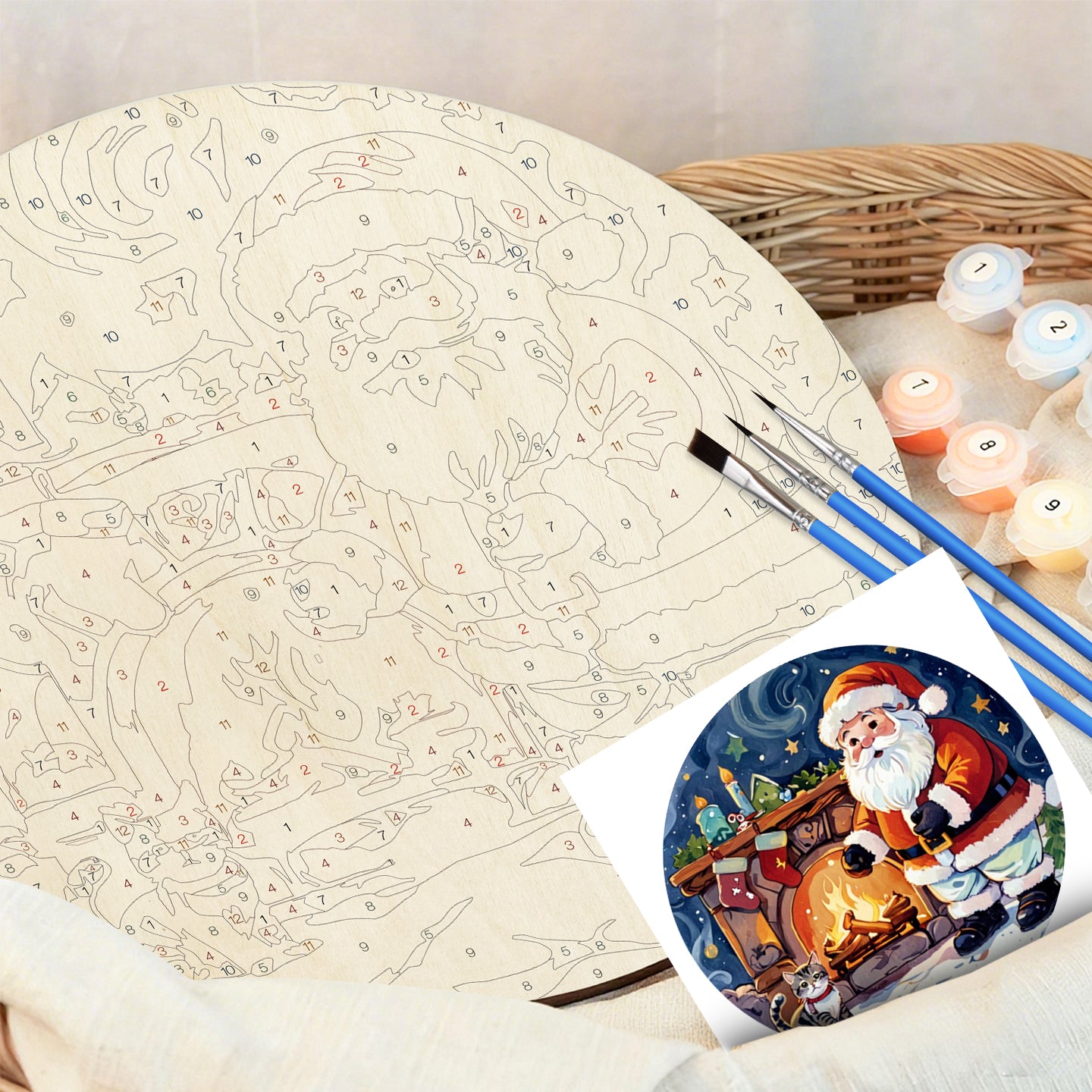 Santa in Snow DIY Paint by numbers on Wood Slice. 20cm.