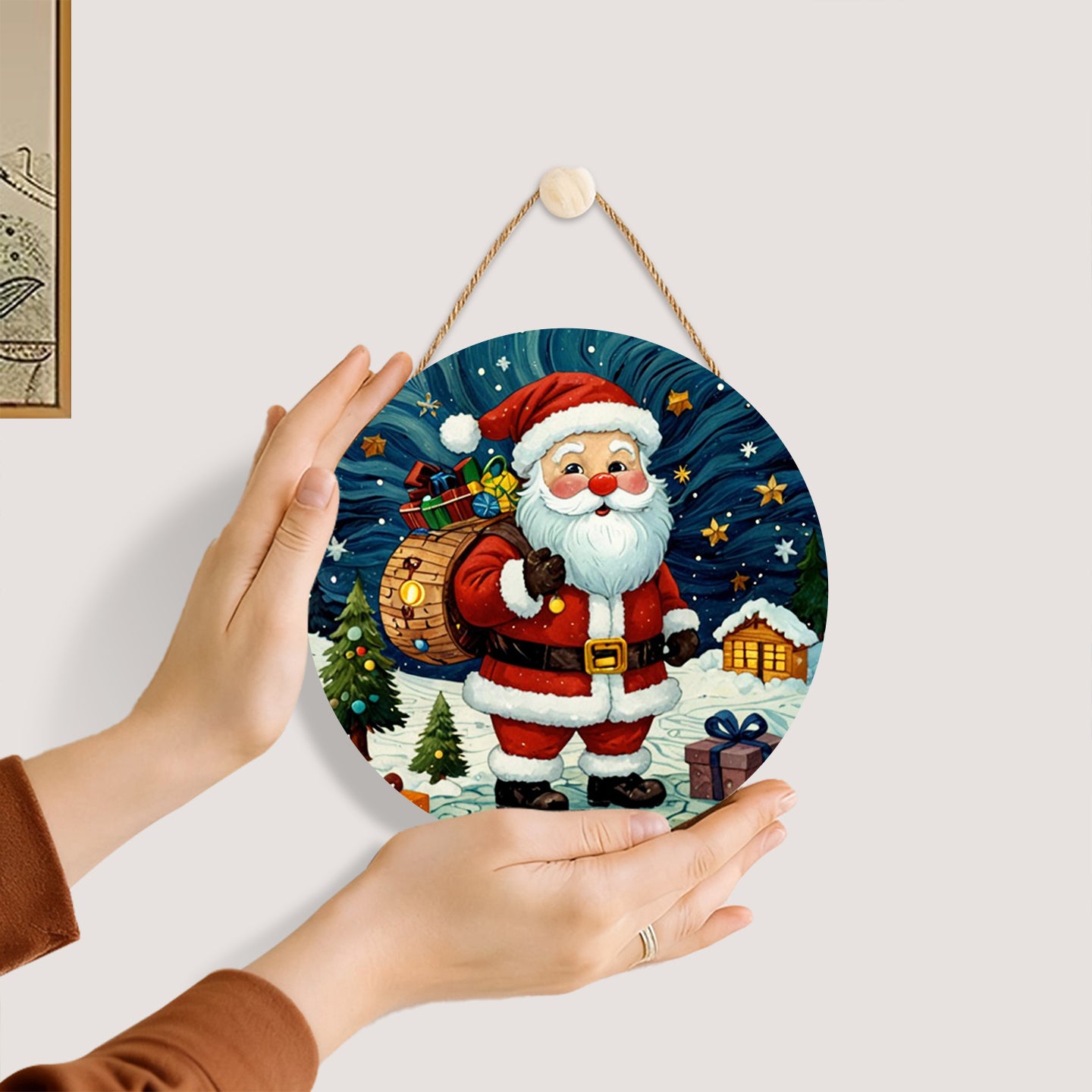 Santa with Gifts DIY. Paint by numbers on Wood Slice. 20cm.