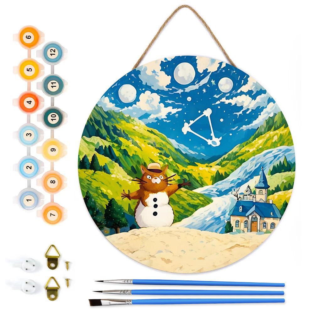 Anime Landscape DIY.  Paint by numbers on Wood Slice. 20cm