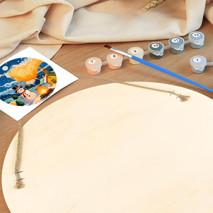 Snowman under Volcanic Sky.  Paint by numbers on Wood Slice. 20cm.