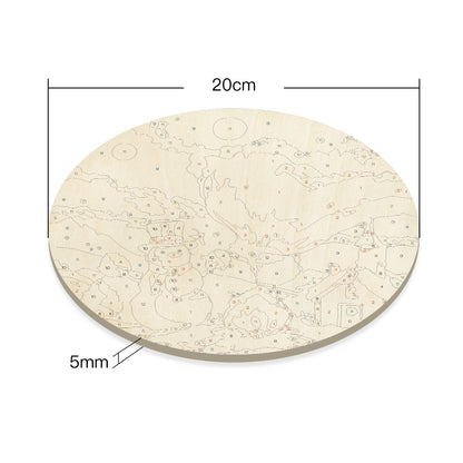 Snowman under Volcanic Sky.  Paint by numbers on Wood Slice. 20cm.