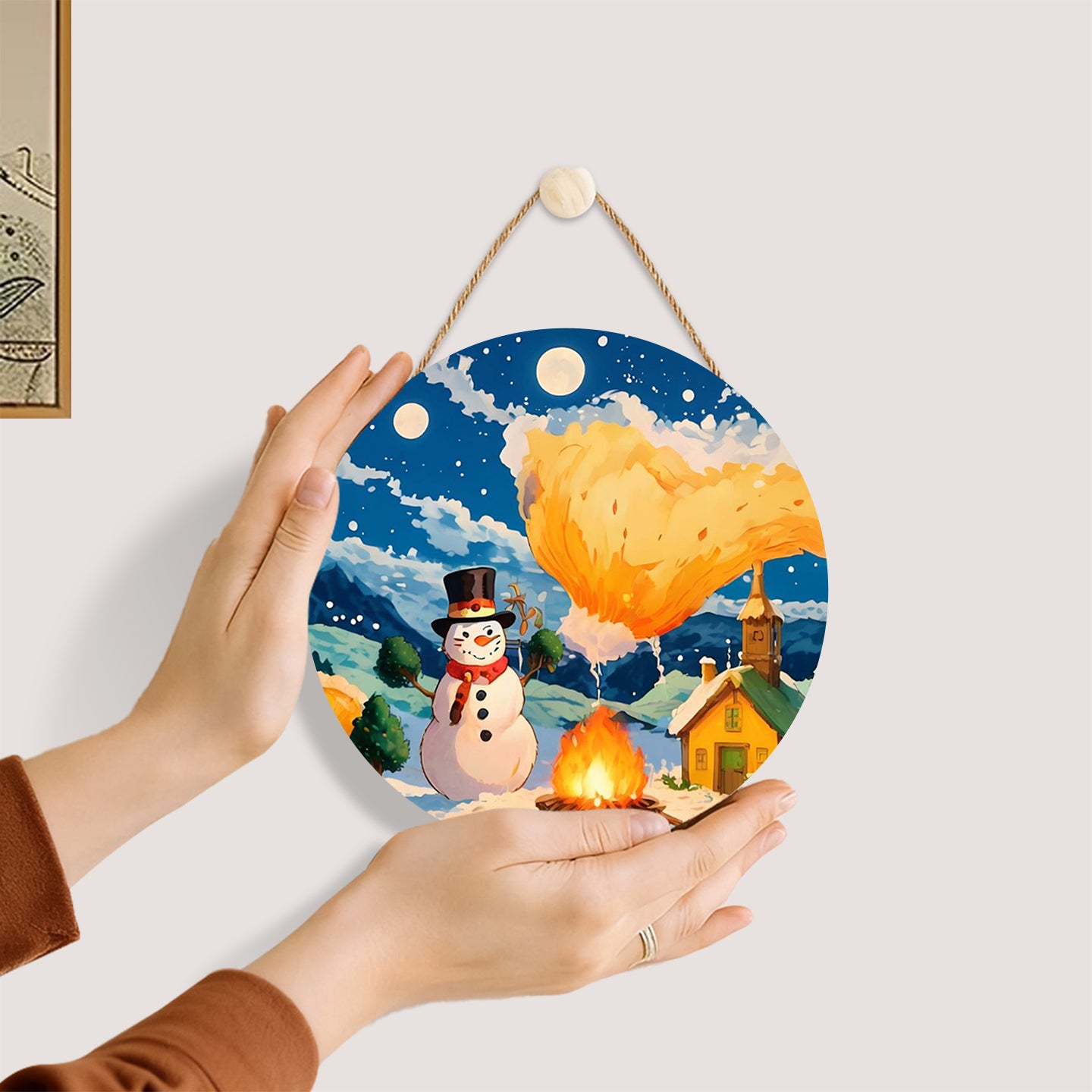 Snowman under Volcanic Sky.  Paint by numbers on Wood Slice. 20cm.