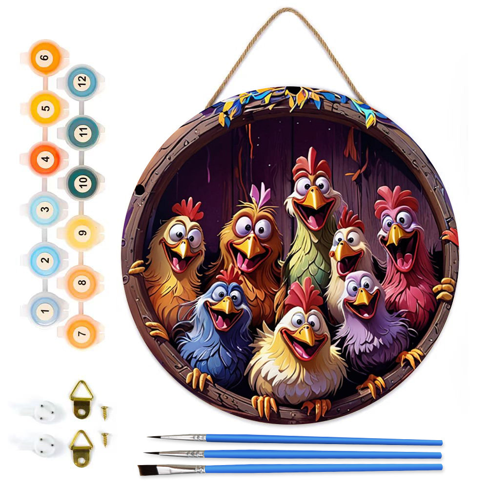 Rooster Party DIY. Paint by numbers on Wood Slice. 20cm.