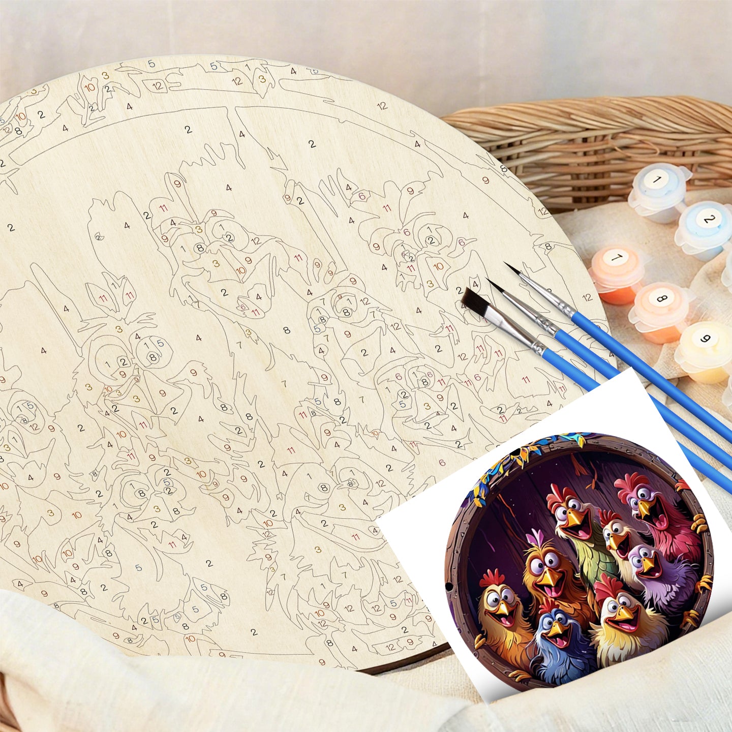 Rooster Party DIY. Paint by numbers on Wood Slice. 20cm.