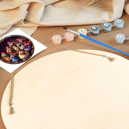 Rooster Party DIY. Paint by numbers on Wood Slice. 20cm.