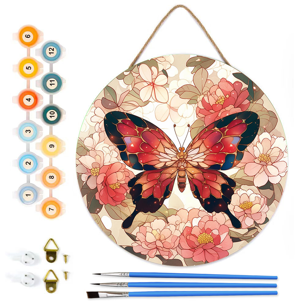 Pink Butterfly. DIY. Paint by numbers on Wood Slice.20cm