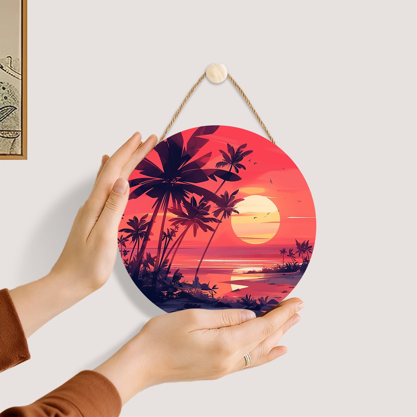 Sunset seascape painting. Paint by numbers on Wood Slice.20cm.