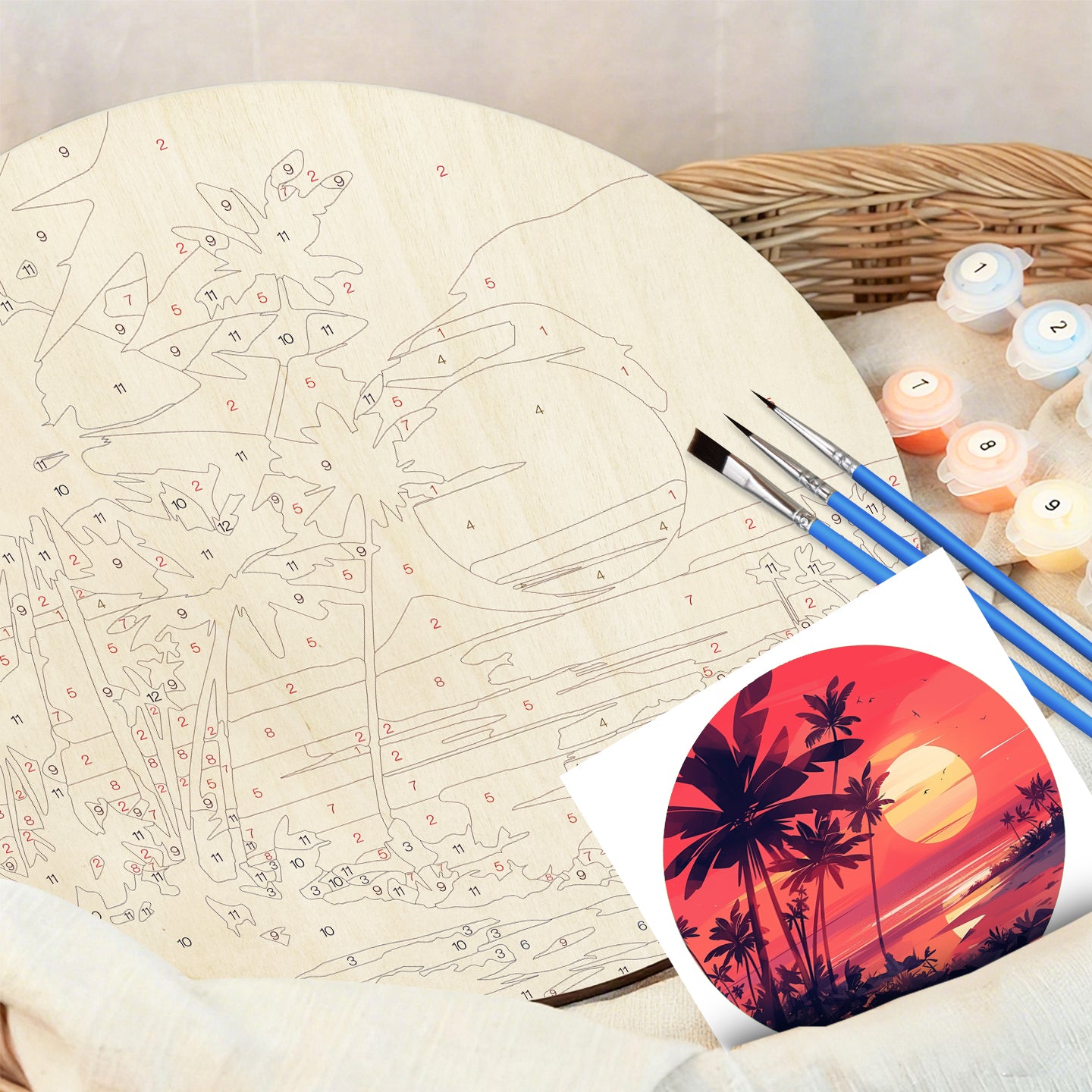 Sunset seascape painting. Paint by numbers on Wood Slice.20cm.