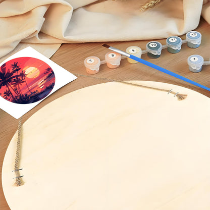 Sunset seascape painting. Paint by numbers on Wood Slice.20cm.