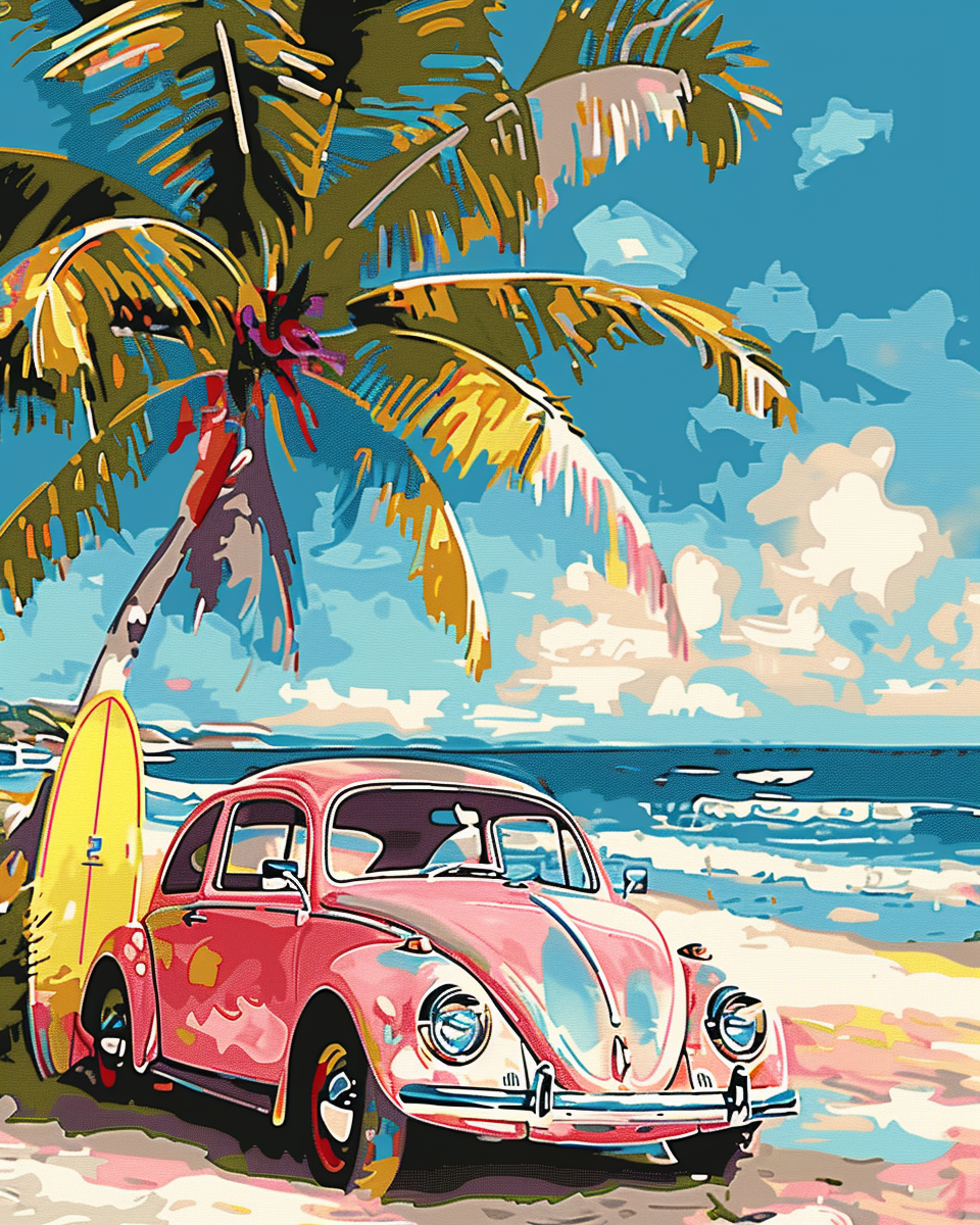 Pink car on the beach